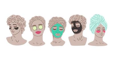 Set of five antique statues with a face mask and a green face mask. Mythical, ancient greek style. Hand drawn Vector. vector