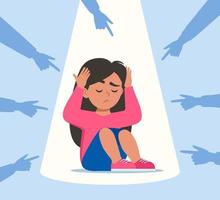 Sad or depressed girl kid surrounded by hands with index fingers pointing at her. Social bullying concept. Public trolling, shaming. Vector illustration.