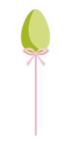 Vector Easter egg decor. Green Easter egg on pink stick with bow isolated on white background. Flat style April holiday decor.