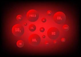 Air pollution concept. Red bubbles with text such as pm2.5, chemistry substance, and carbon dioxide on a red background. Critical environment, climate change, unhealthy. vector
