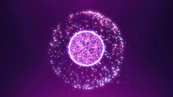 Abstract purple round sphere energy molecule from futuristic high-tech glowing particles, video 4k, 60 fps