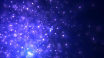 abstrato azul energia partículas e pontos brilhando vôo faíscas festivo com bokeh efeito e borrão fundo, 4k vídeo, 60. fps video