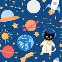 cute cartoon abstract character astronaut cat in the space funny seamless pattern background illustration vector