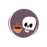 Cute logo or icon vector with cartoon human skulland coffee cup, illustration on circle for social media story and highlights