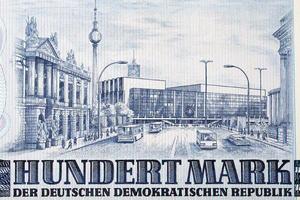 Palace of the Republic as seen from the Unter Den Linden boulevard in East Berlin from East German money photo