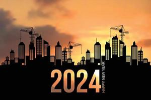 Black silhouette of construction with crane and bright morning sky. To prepare to welcome the year 2024, happy new year, changing new ventures. vector illustration isolated on the background.