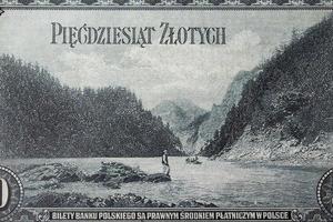 River and mountains from old Polish money photo