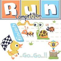 Running race with group of little animals, cute duck holding finish flag with trophy on tree stump vector