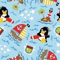 seamless pattern vector of cute penguin sailor with sailing elements illustration