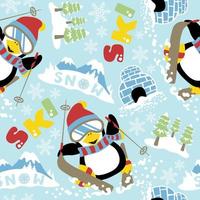 seamless pattern vector of cartoon funny penguin skiing, winter elements