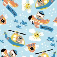 seamless pattern vector of cartoon funny animals on aircraft with birds and sky objects