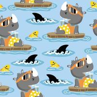 seamless pattern vector of funny rhino cartoon relaxing with fishes