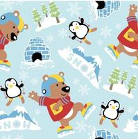 seamless pattern vector of funny bear playing ice skating with penguin skiing, cartoon winter elements