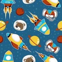 seamless pattern vector of funny animals head wearing astronaut helmet with spaceship