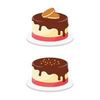 Strawberry and vanilla flavored pudding cake illustration design and chocolate topping vector