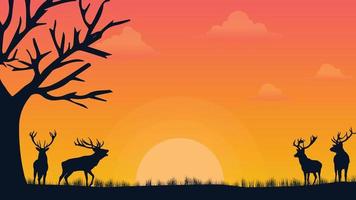 landscape design of old meadows and trees with sunset and some deer vector