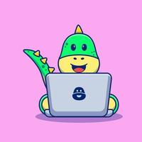 Illustration design of cute little dinosaur playing on the computer. Isolated animal design concept. Suitable for landing pages, stickers, illustrations, banners, book covers, etc vector