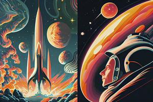 1960s-1970s Retro Style Space Illustrations. Psychedelic Style photo