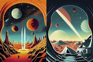 1960s-1970s Retro Style Space Illustrations. Psychedelic Style photo