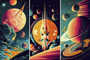 1960s-1970s Retro Style Space Illustrations. Psychedelic Style photo