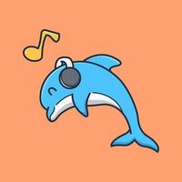 cute dolphin is listening to music with headphones.isolated animal design concept. flat cartoon style premium vector