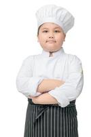 retrato de grasa chico cocinero con cocinar sombrero y delantal foto