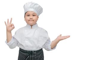 fat boy chef cook showing ok sign and present photo