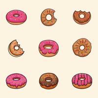 Donuts Premium Illustration Vector Drawn Design Set. Yummy delicious Cartoon Cafe Pink Happy Birthday Donuts Hi-Quality Minimal Holiday Food Vector Element.