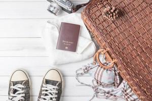 Travel accessories costumes. Passports, luggage, vintage camera photo