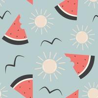 cute cartoon abstract watermelon slice seamless vector pattern background illustration with sun and birds silhouette