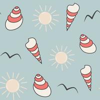 cute cartoon abstract red and white seashells seamless vector pattern background illustration with sun and birds silhouette