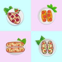 Creative Bread Pizza Illustrations Vector Set Vegetable Delicious Tomatoes Leaf Meat Cookery Plate Isolated Draw Element And Icon.