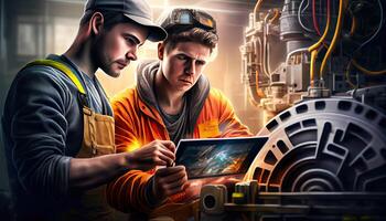 Two workers at an industrial plant with a tablet in hand, working together manufacturing activities Labor Day and the importanc photo