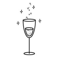 Glass of champagne in cartoon style. Hand drawn line art vector illustration isolated on white background.