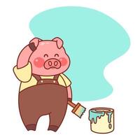 Pig painter. Kawaii character with paint brush. Cute vector illustration.