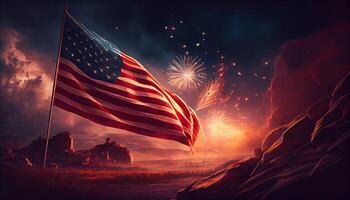 american flag waving in the air with fireworks and night scene view fourth of july concept Independence Day time for revolution July 4th photo