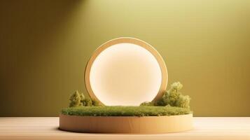 , product beige minimal scene with geometric podium platform and moss plants, mock up stand for cosmetic products. photo