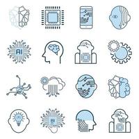 Set of AI technology icon vector, modern artificial intelligence such as robot, digital, vr, ai, cyber operatating system, AI circutes line style icons vector