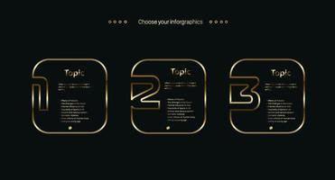 three gold pannel infographic, luxury box lines multipurpose Infographic buttons design template, with three options and Premium golden version on a dark background vector