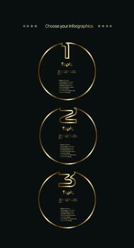 Set of three Vector golden, premuim, luxury multipurpose Infographic template design, three options and elements options on vertical dark background