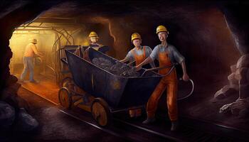 subterráneo minería carbón minería en mía minero en subterráneo mía en carbón minería trabajar. mía trabajadores en subterráneo piedra dura minería difícil rock mía equipo labor día ai generado foto