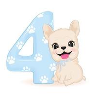 Cute French Bulldog and number 4 illustration vector