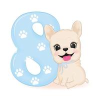 Cute French Bulldog and number 8 illustration vector