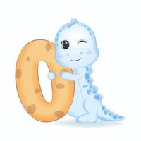 Cute Blue Dinosaur with number 0, cartoon illustration vector