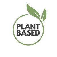 Plant based label. Text inside a circle with leaves around. Vegan friendly badge. vector