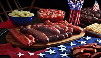 Party table with tater bbq baby back ribs Independence Day time for revolution July 4th photo