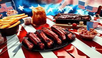 Party table with tater bbq baby back ribs Independence Day time for revolution July 4th photo