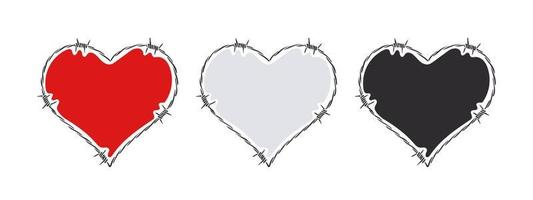 Three hearts in barbed wire. Razor wire hearts. Vector scalable graphics