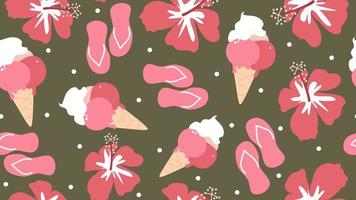 cute colorful abstract summertime seamless vector pattern background funny illustration with hibiscus flowers, ice creams and flip flops