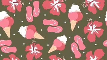 cute colorful abstract summertime seamless vector pattern background funny illustration with hibiscus flowers, ice creams and flip flops